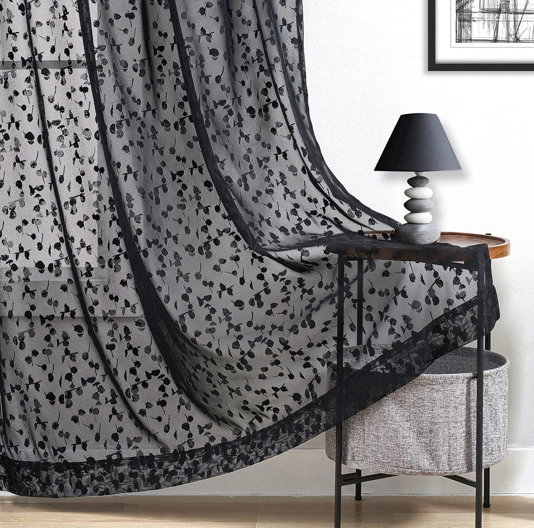Treatmentex Schwarze Halbtransparente Spitze Vorhang Moderne Stickerei Gardinen mit Ösen Häkeln Stri