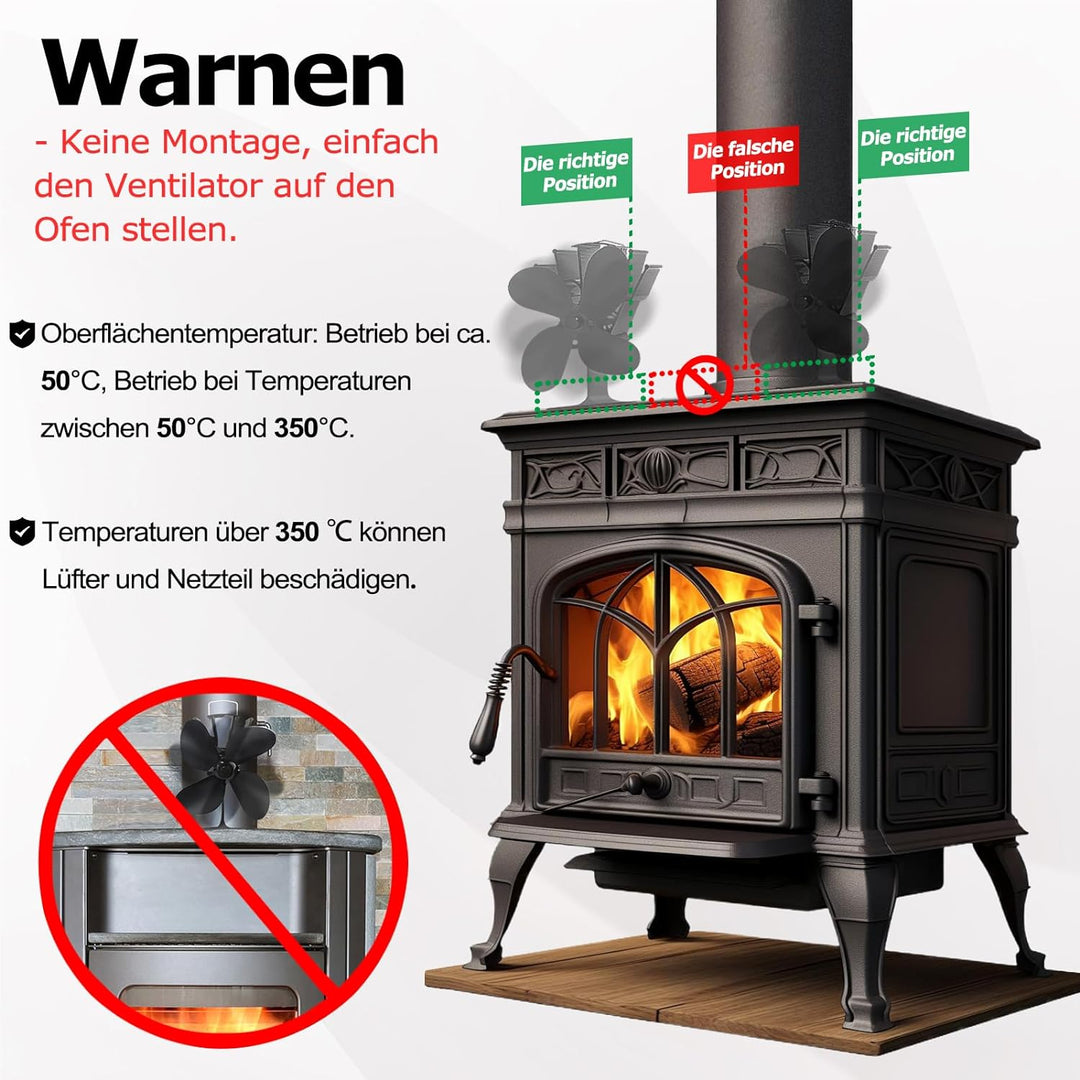 HENGMEI Kaminventilator Ventilator Heizbetriebener Ofenventilator mit 4 Flügeln für Holz/Scheitbrenn