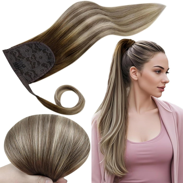 RUNATURE Remy Ponytail Echthaar 45cm/18 Zoll Unsichtbarer Clip in Zopf Haarverlängerung Human Hair D