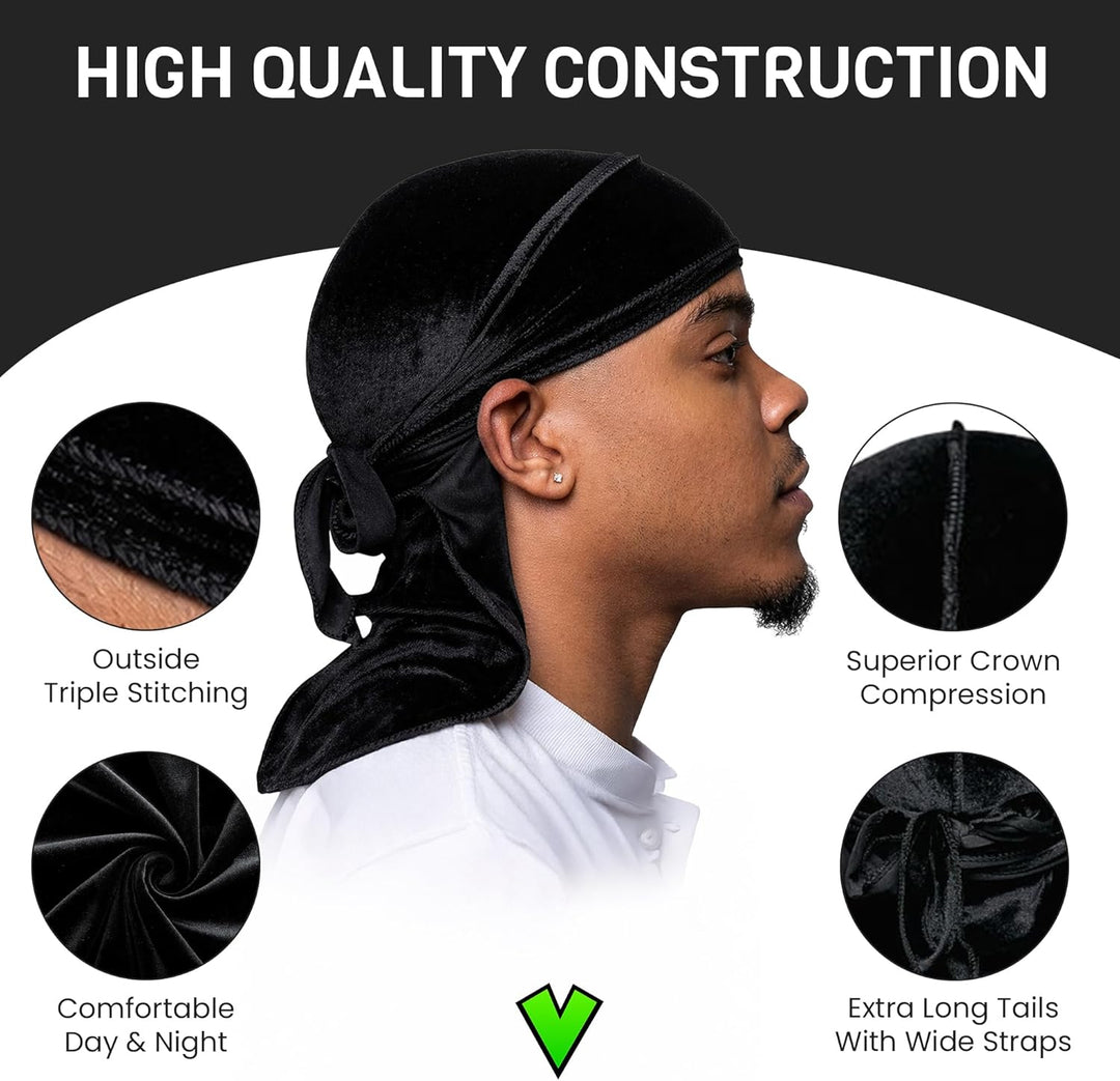 Veeta Superior Velvet Durag – Weiche Samt-Durags für Männer und Frauen, Lange, doppelt breite Träger
