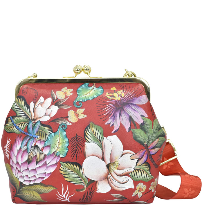 Anuschka Women's Frame Crossbody Tasche aus Echtleder, handbemalt, mittlere Grösse mit Rahmen Crimso