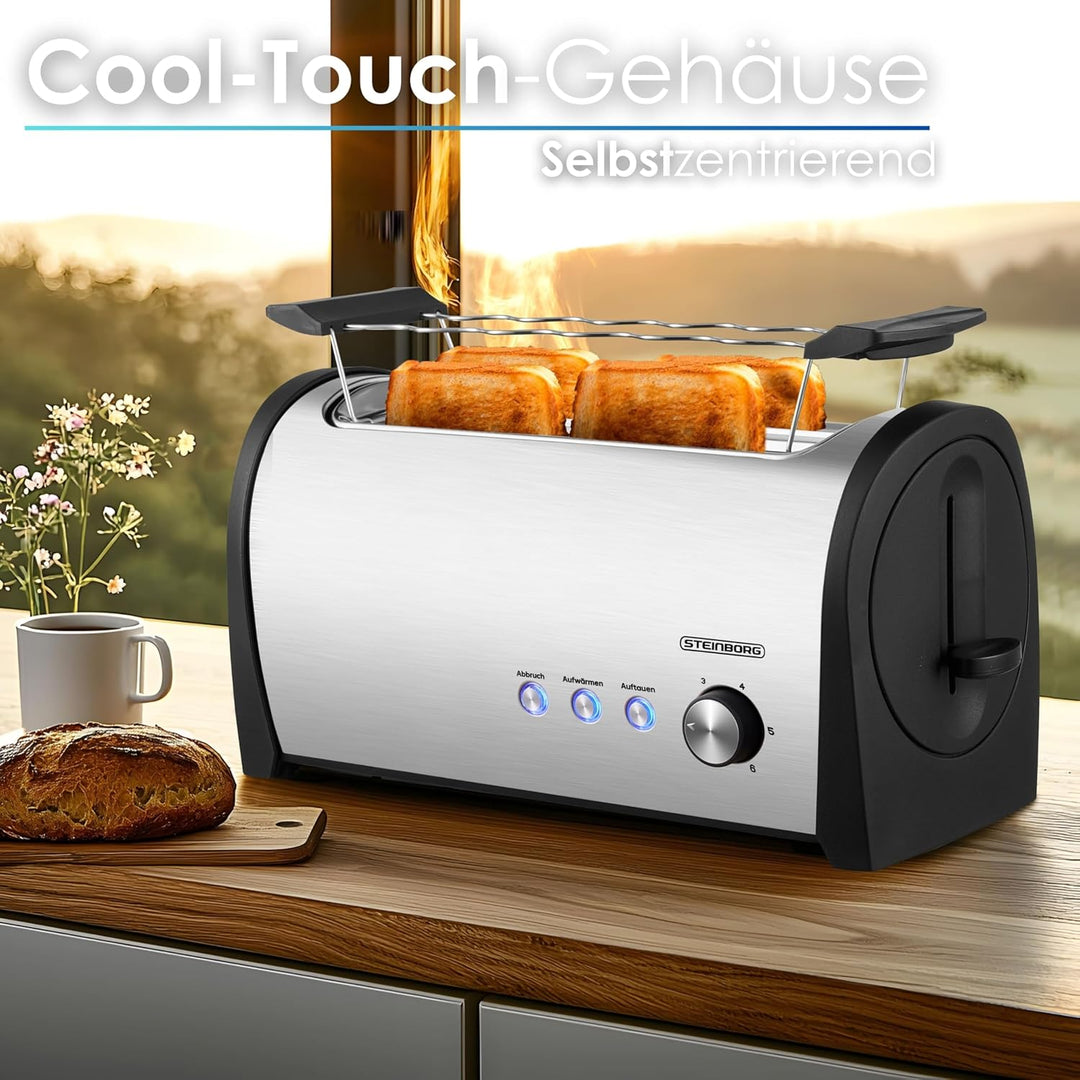 Steinborg Toaster 4 Scheiben mit Brötchenaufsatz XXL Langschlitztoaster Edelstahl Blaue LED Beleucht