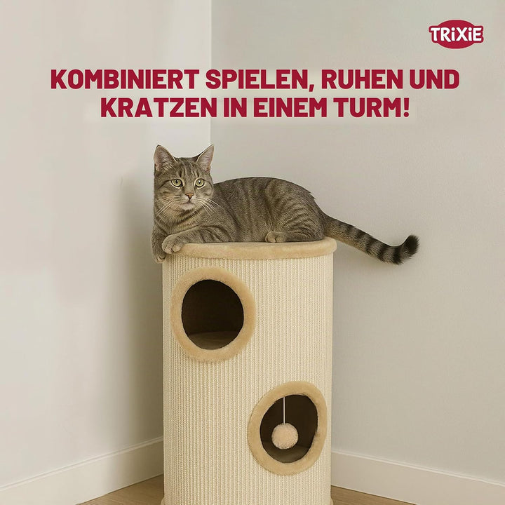 TRIXIE Kratztonne für Katzen Samuel 70 cm in natur/beige – dreistöckige Katzentonne mit gepolsterter
