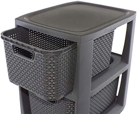 BranQ - Home essential Regal in Rattan Design, Kunststoff PP, Anthrazit, 29,5x24x48,7 cm 3 Körben An
