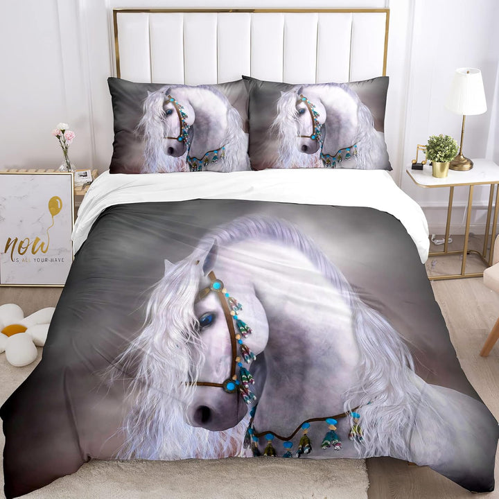 JEFFEL Pferde Bettwäsche Set 135x200 cm, Kinderbettwäsche, Pferde Motiv 3D Tier Motiv, Mikrofaser, S