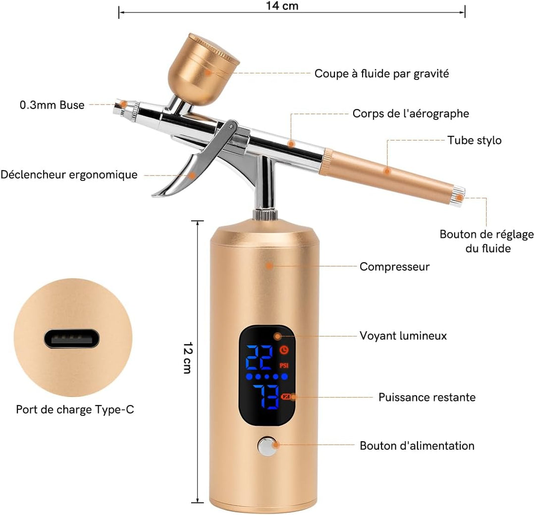 Airbrush-Set, kabellos, 38 PSI verstellbar, mit Kompressor, wiederaufladbar, LCD-Display, Verlängeru