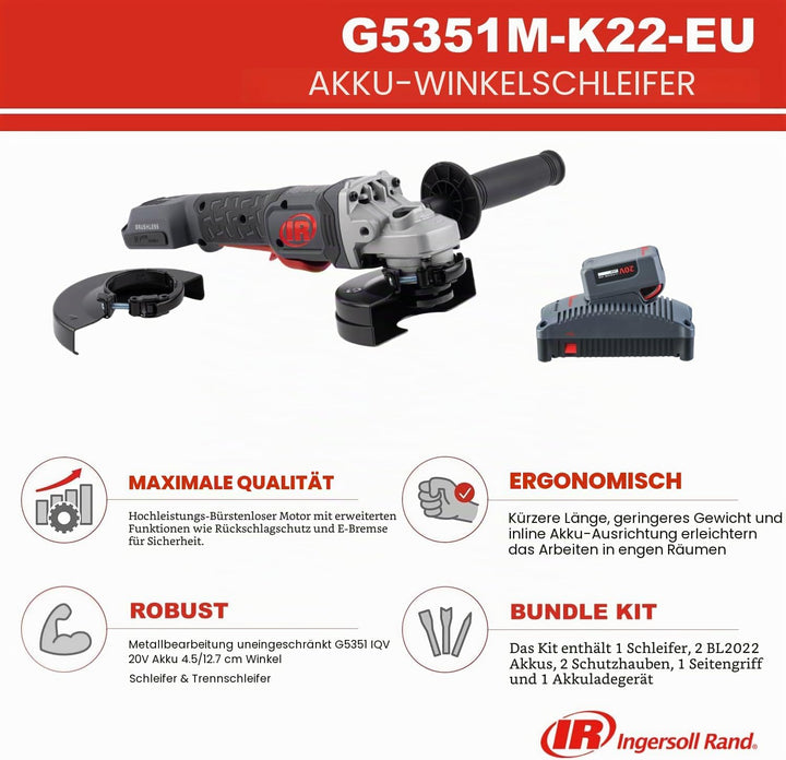 Ingersoll Rand Akku-Winkelschleifer G5351M-K22-EU, 20 V Akku-Winkelschleifer und -Trennschleifer, 2-