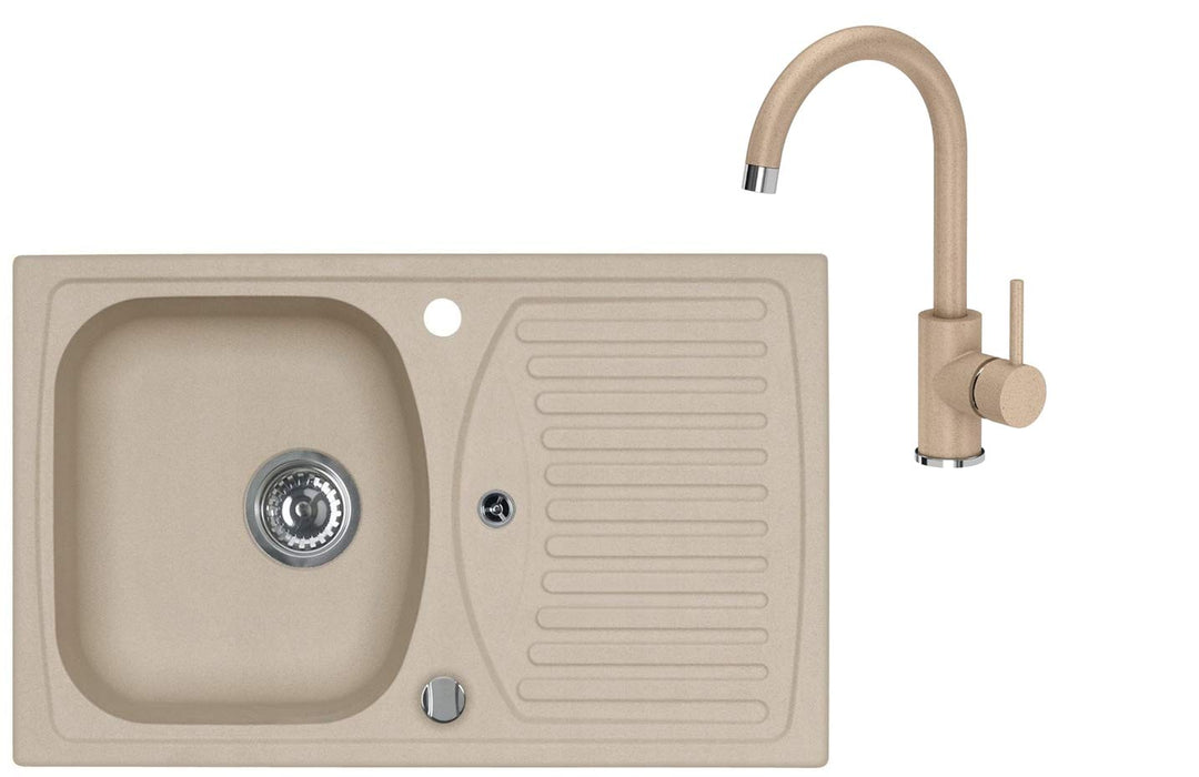 VBChome Spülbecken mit Armatur 78 x 48 cm Beige Drexexcenter Granit Einzelbecken Einbauspüle Abtroff