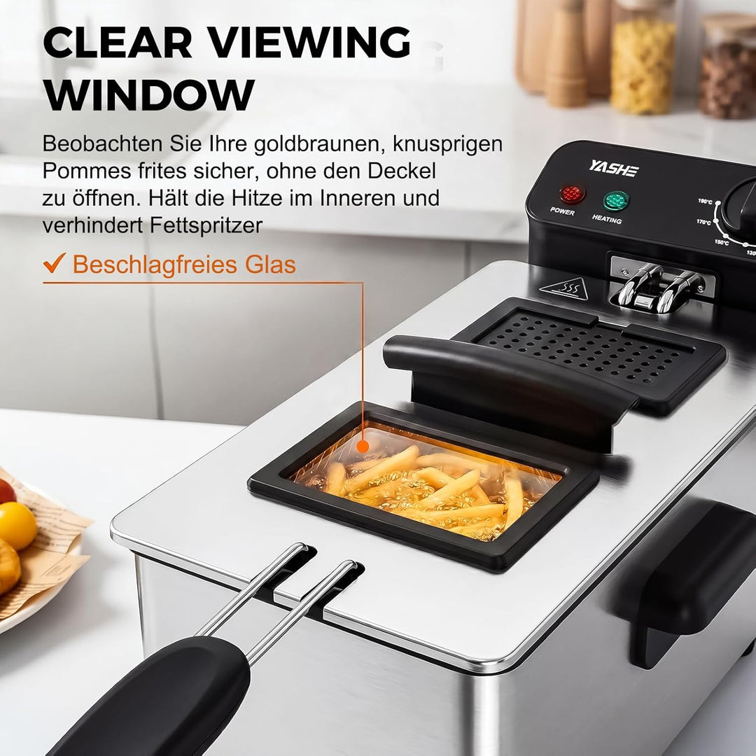 Fritteuse, 3L Elektrische Fritteuse mit Sichtfenster, 2000 W Edelstahl Fritteuse mit Temperaturregel