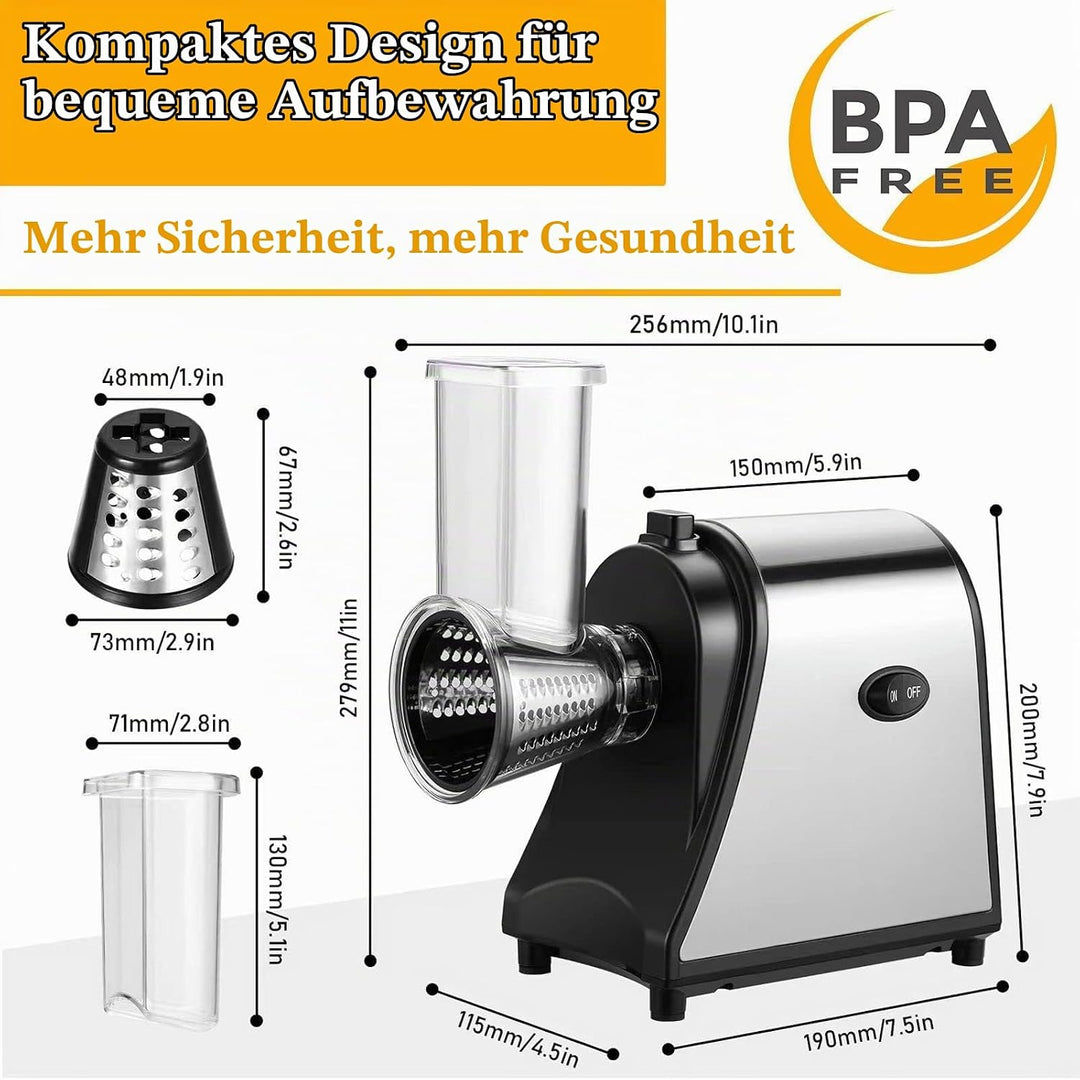 Profi Elektrischer Gemüsehobel 250W Edelstahl, 5-in-1 Schnitzelwerk Küchenreibe, BPA-frei &amp; Spülmasc