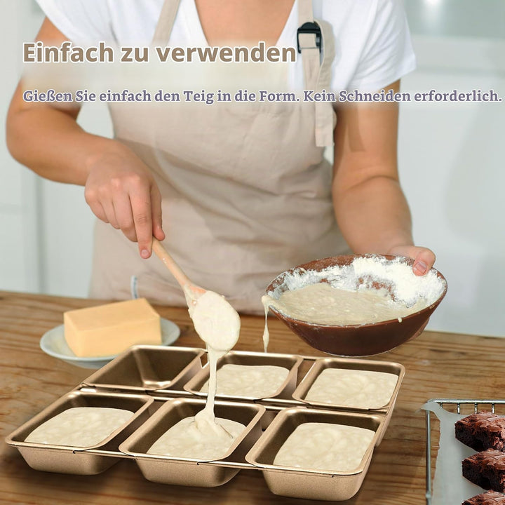 Mini-Kastenformen mit 6 Vertiefungen, antihaftbeschichtete quadratische Brotbackform, Brownie-Backbl