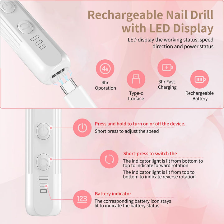 Elektrische Nagelfräser Professionell Elektrisch Nagelfeile für Gelnägel USB Wiederaufladbare 20000