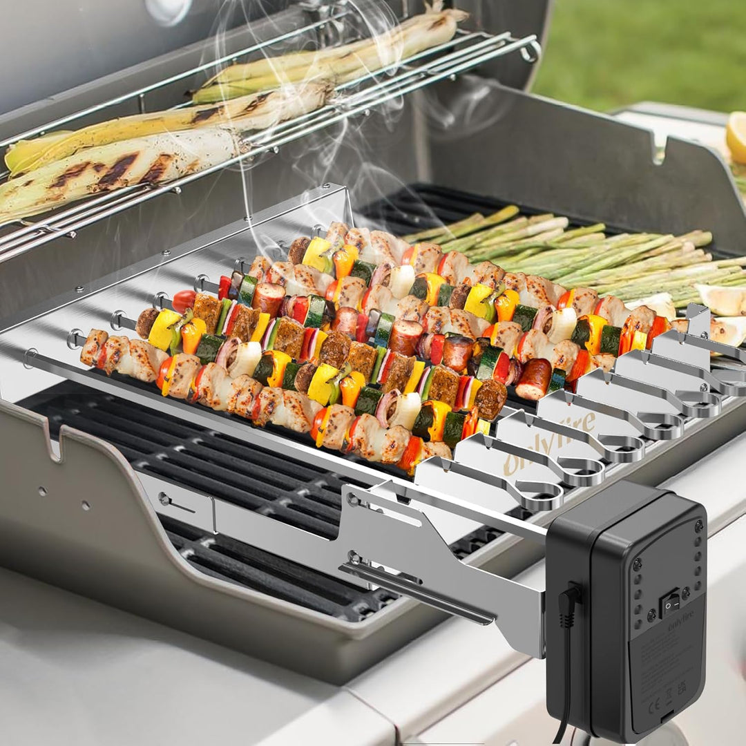 Onlyfire Elektrischer Spiessdreher, Edelstahl Drehspiess Aufsatz mit 7 Spiessen und Motor, Grössenve