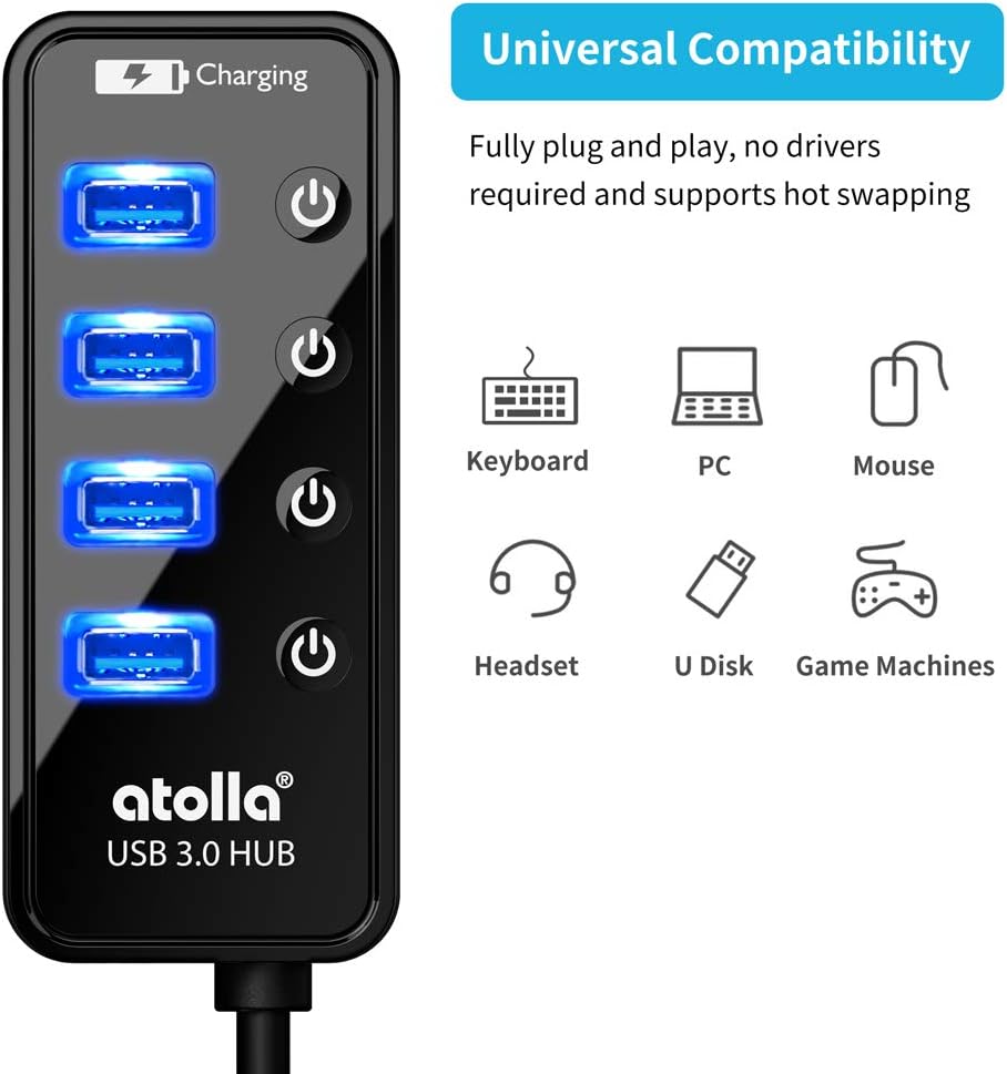 Atolla USB 3.0 Hub mit Strom versorgt, USB Hub mit 4 Ports Steckdosenleiste mit individuellen EIN-/A