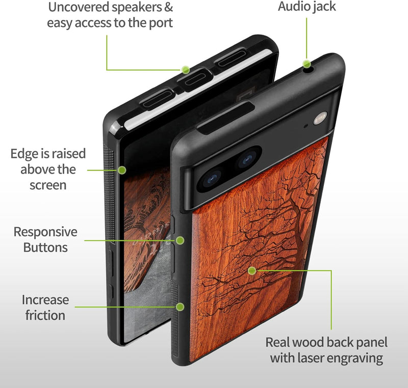 Carveit Handyhülle für Google Pixel 7 Case [Holz und TPU Silikon Hybrid hülle] Stossfeste Stossstang