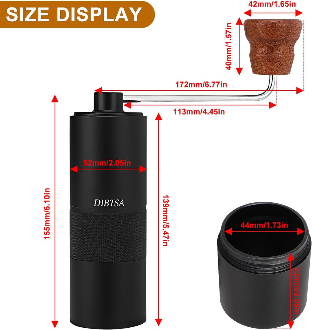 DIBTSA Manuelle Kaffeemühle, Kapazität 25 g, konischem CNC-Edelstahl-Frässtift, interne verstellbare