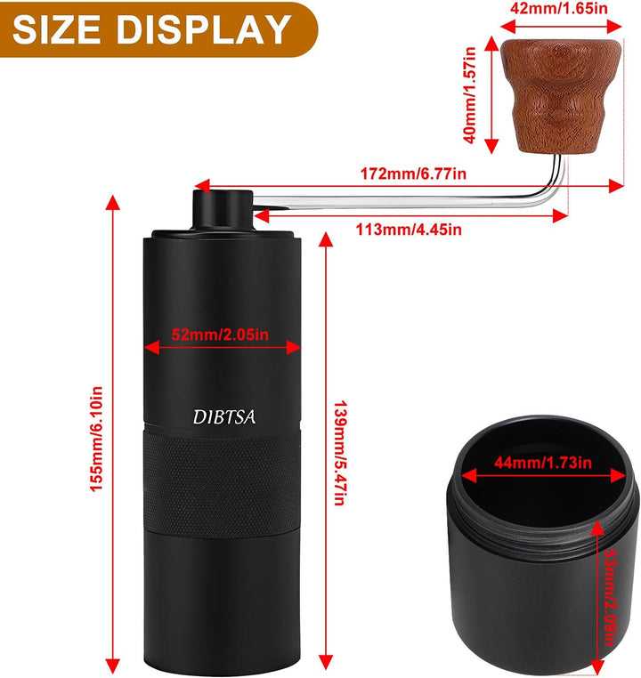 DIBTSA Manuelle Kaffeemühle, Kapazität 25 g, konischem CNC-Edelstahl-Frässtift, interne verstellbare