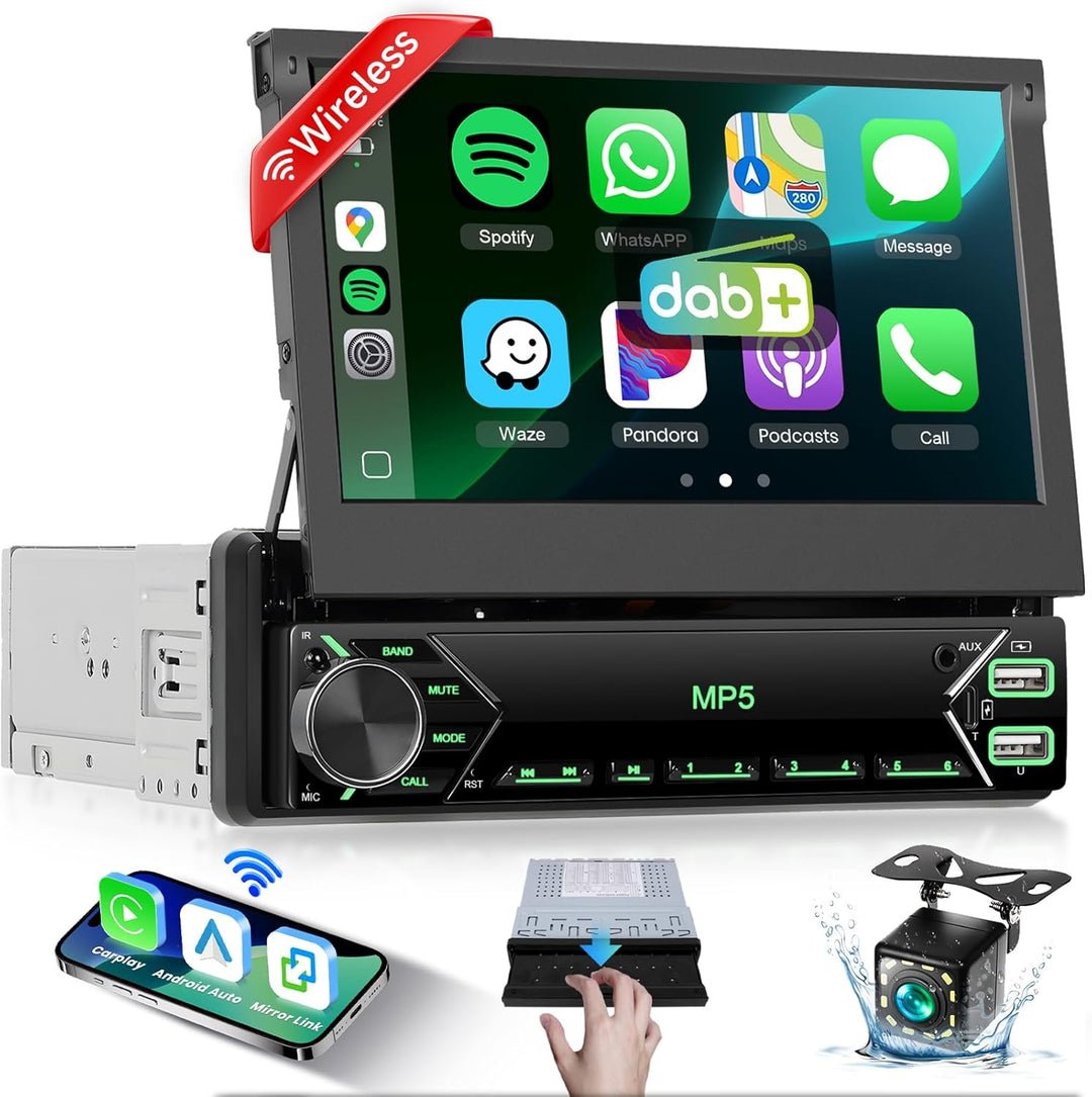 7 Zoll Flip Out 1 Din Autoradio mit DAB Wireless Carplay Android Auto, Podofo 1 Din Touchscreen Blue
