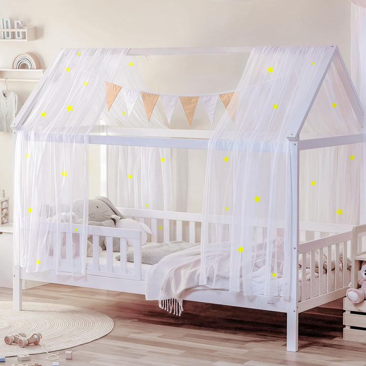 Hausbett Himmel Deko mit Leuchtenden Sternen, 2 Betthimmel & 1 Wimpelkette | Babybett Himmel für Kin