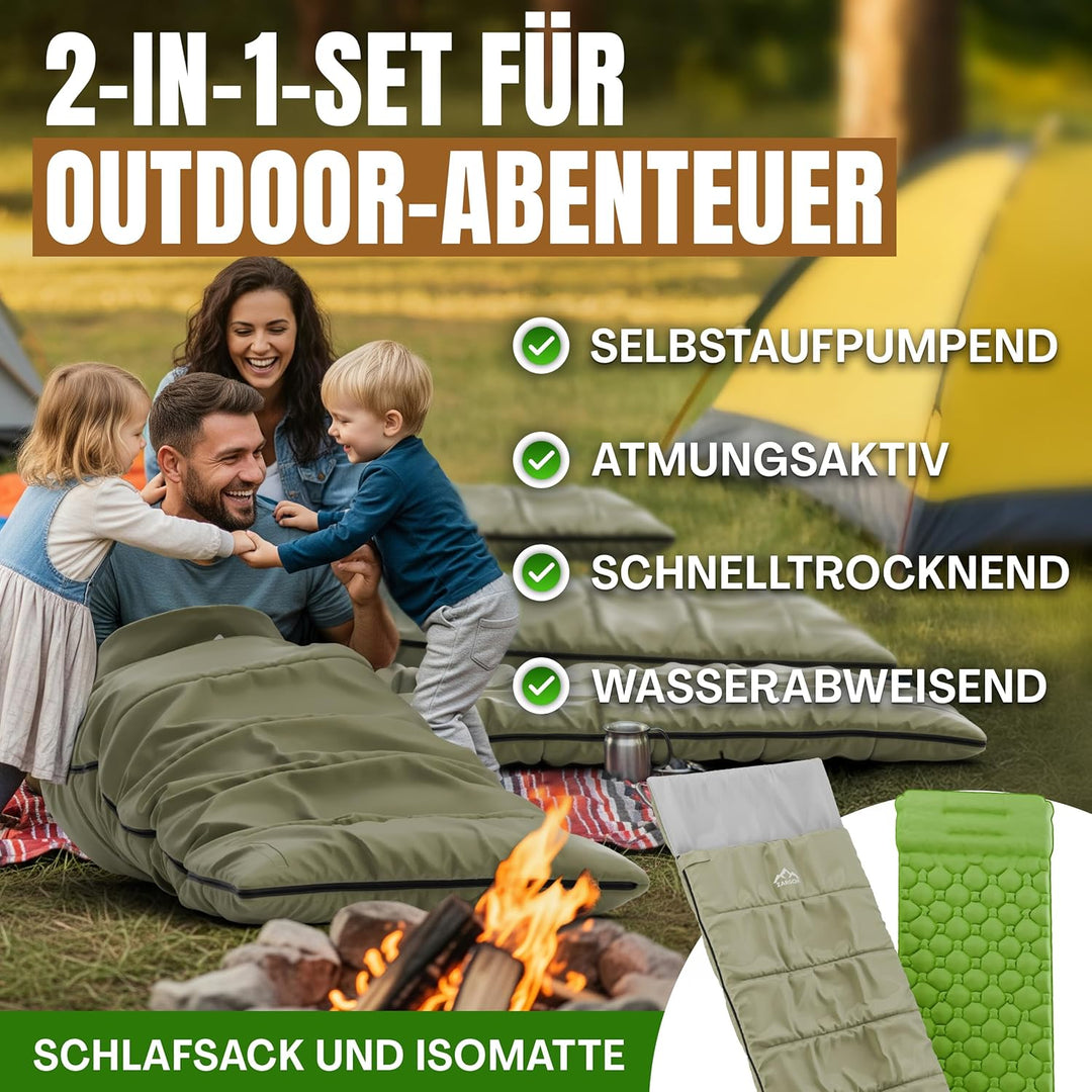 Schlafsack mit integrierbarer Isomatte &amp; Fusspumpe – Outdoor Set für Festival, Trekking und 3-Jahres