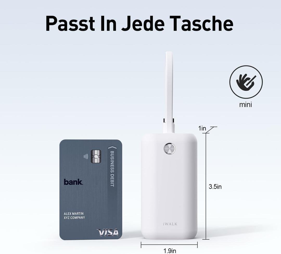 iWALK Mini Tragbares Ladegerät 10000 mAh, 22,5W USB-C Powerbank mit integriertem Kabel, Ultra-kompak