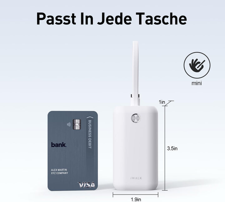 iWALK Mini Tragbares Ladegerät 10000 mAh, 22,5W USB-C Powerbank mit integriertem Kabel, Ultra-kompak
