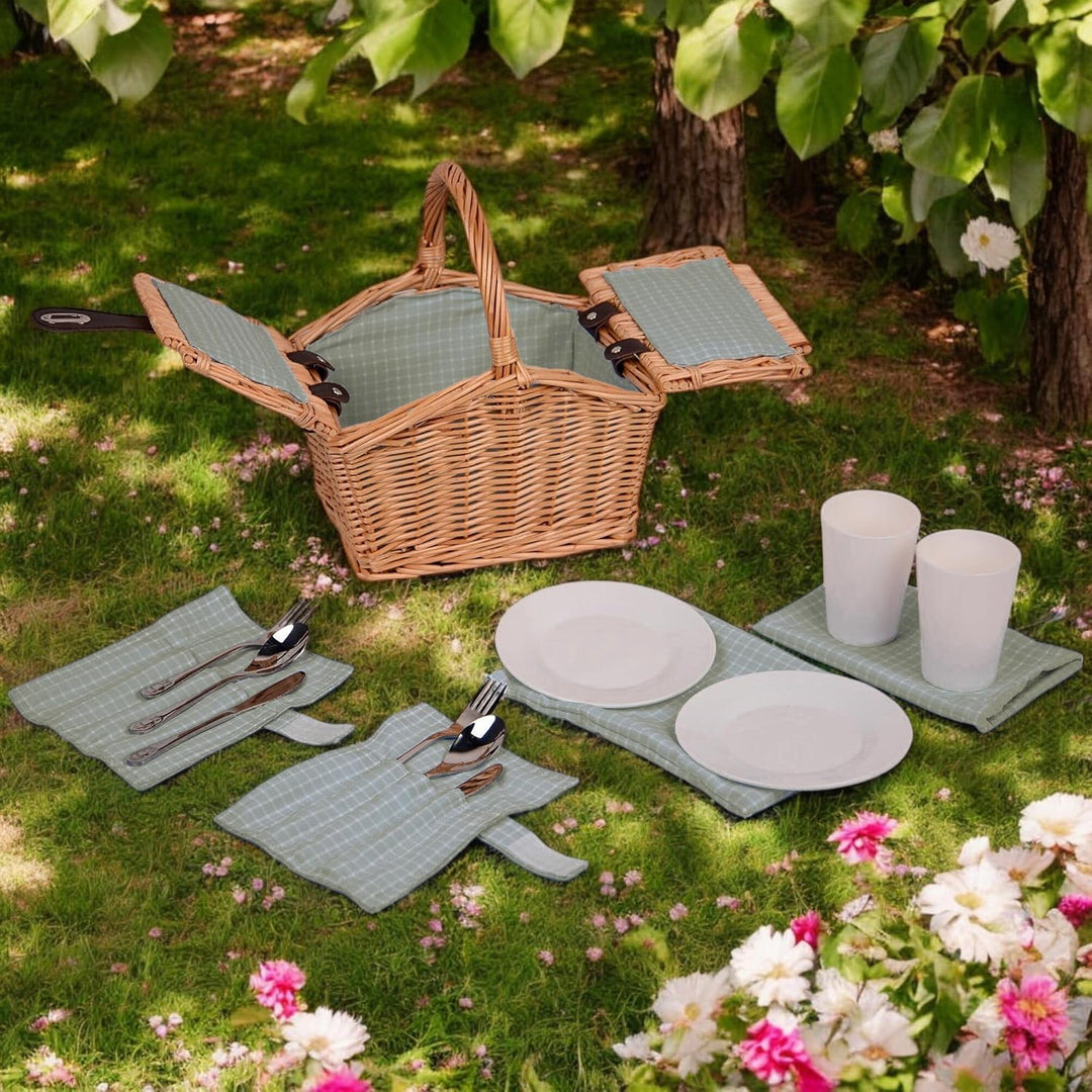 UNUS® Picknickkorb für Kinder rechteckig aus Weide grün mit Stoffauskleidung, Komplettset für 2 Pers
