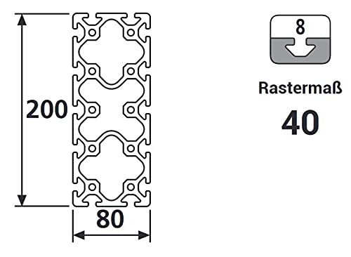 Aluminiumprofil 80x200S I-Typ Nut 8 (schwer), silber eloxiert. Aluminium Profil 80x200 Alu Profil 80