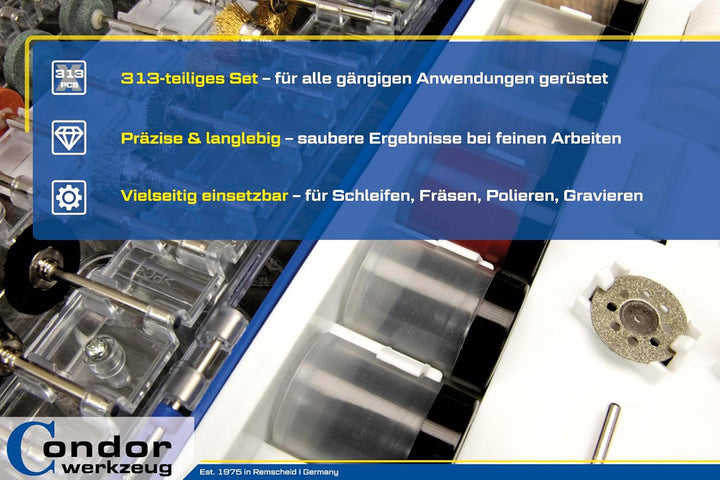 Condor Werkzeug 445 | Feinbohrer-Satz Multifunktionswerkzeug Zubehör Set | 313-tlg. | zum Fräsen, Sc