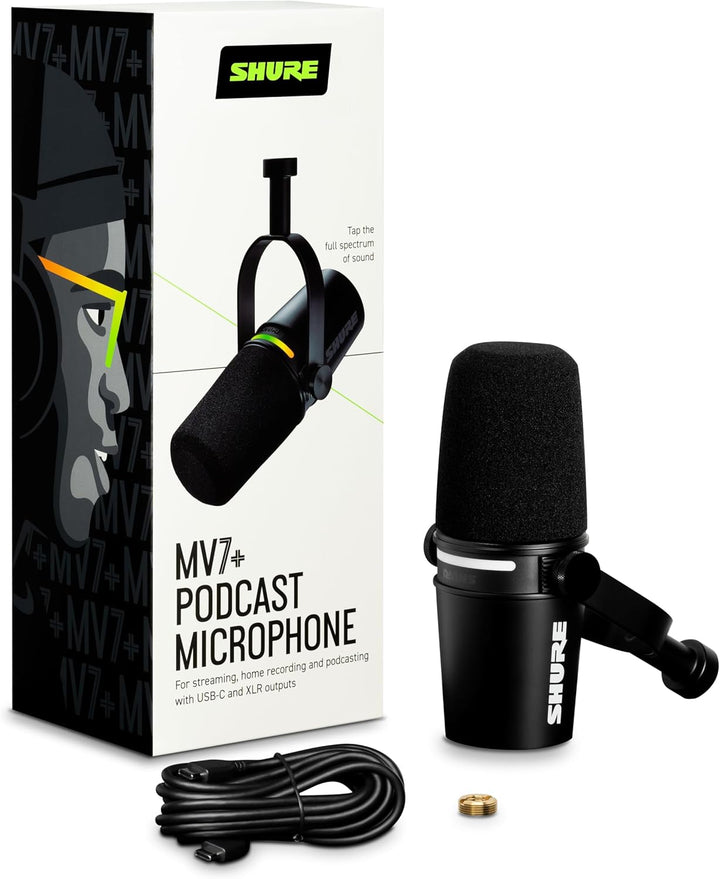 Shure MV7+ Podcast Mikrofon-Verbessertes Audio, LED-Touchpanel, USB-C- und XLR-Ausgänge, Auto-Level-
