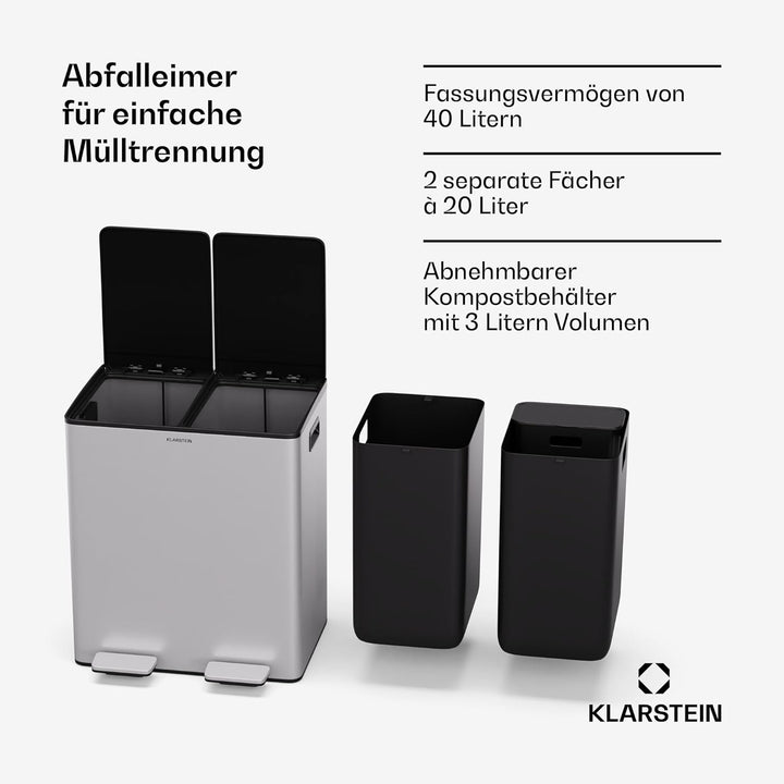 Klarstein EcoVista Mülleimer - 2 Fächer, 40L Küchen-Abfalleimer mit 3L Kompostbehälter, Soft-Close,