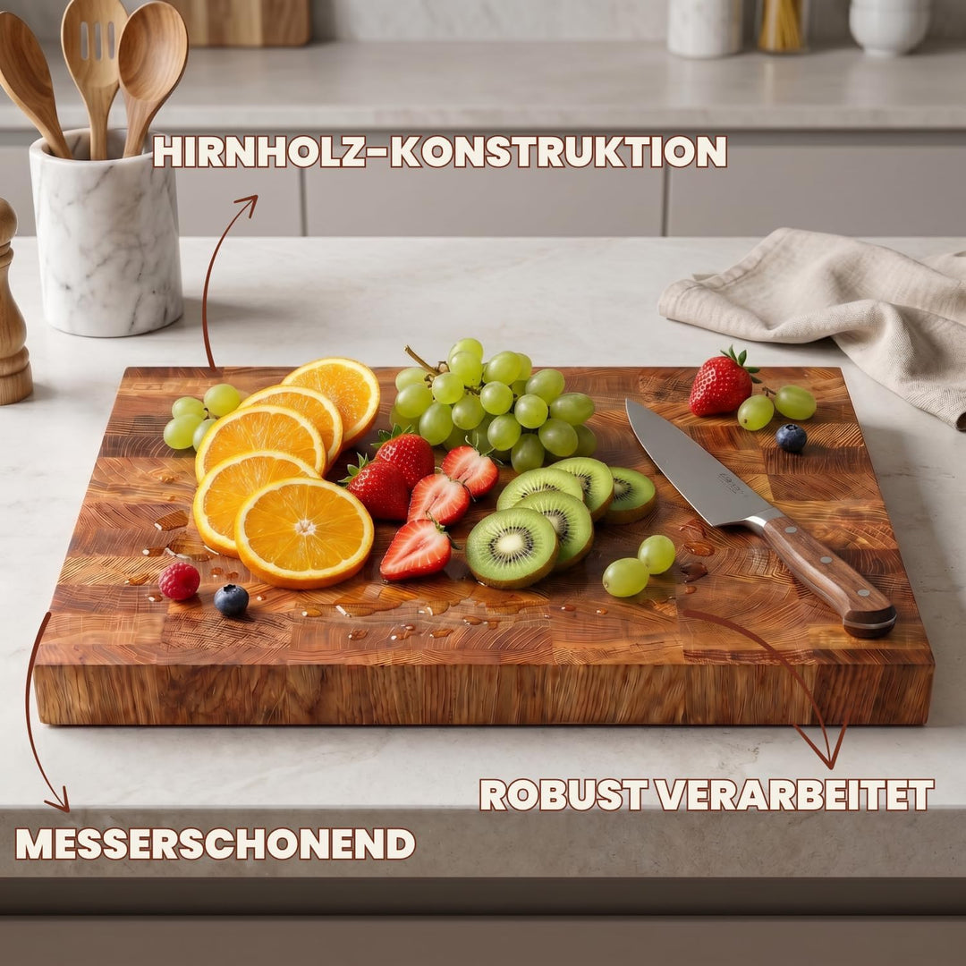 Premium Stirnholz Schneidebrett Eiche 50 x 30 x 4 cm schont die Messerklingen und sorgt für maximale