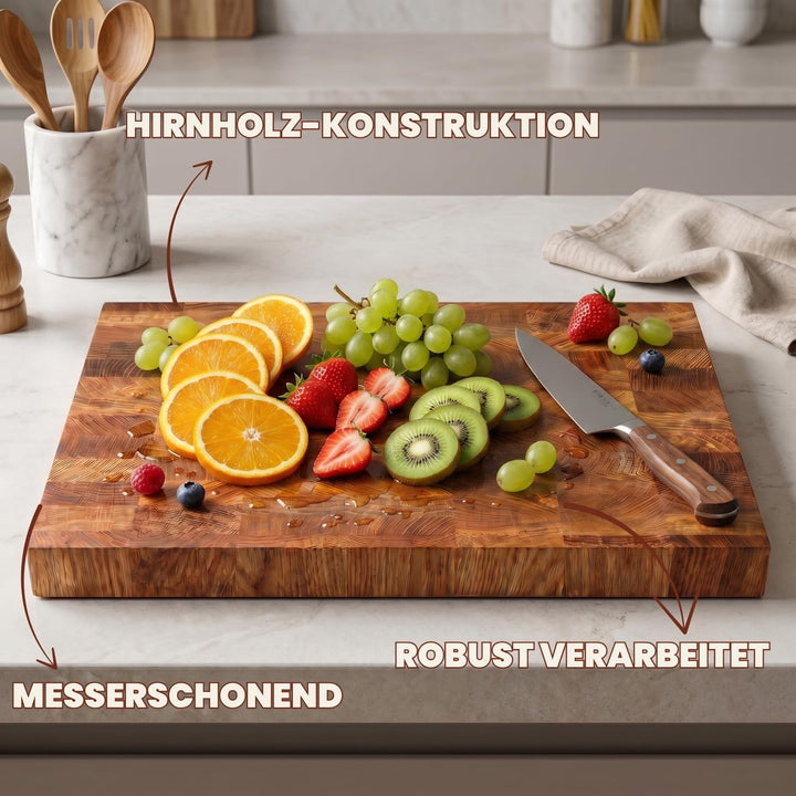 Premium Stirnholz Schneidebrett Eiche 50 x 30 x 4 cm schont die Messerklingen und sorgt für maximale