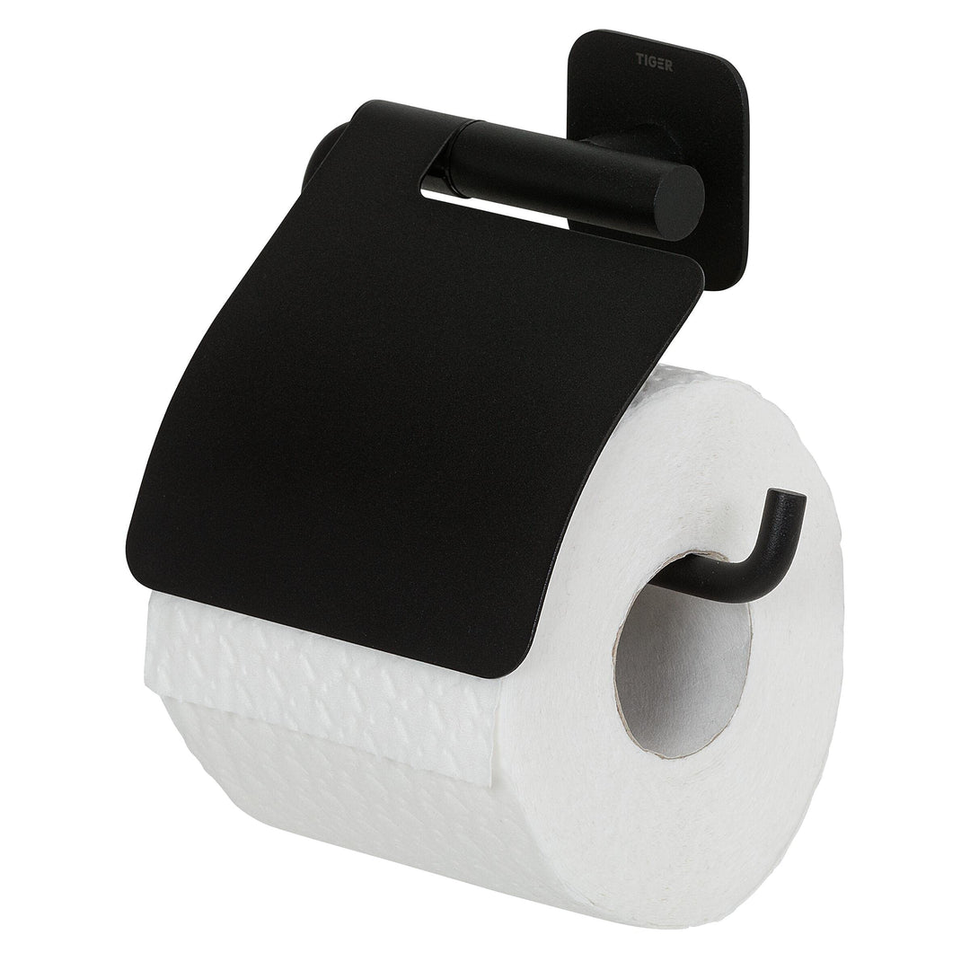 Tiger Colar Toilettenpapierhalter mit Deckel zum Kleben, Edelstahl, Schwarz pulverbeschichtet, mit i