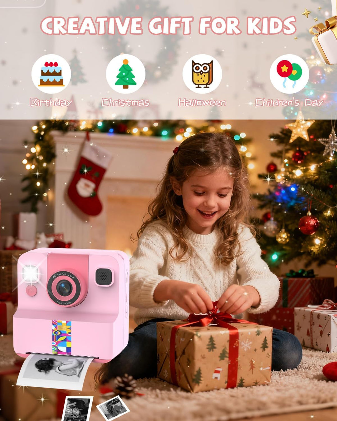 Kinder Sofortbildkamera, 1080p Sofortdruck Kamera für Kinder, 180° drehbares Selfie Objektiv mit 32G
