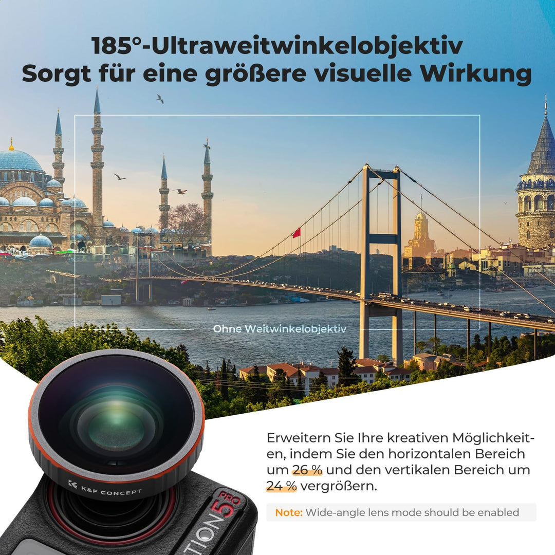 K&F CONCEPT Weitwinkelobjektivfilter Kompatibel mit DJI Osmo Action 5 Pro, Action 4 185° Ultraweitwi