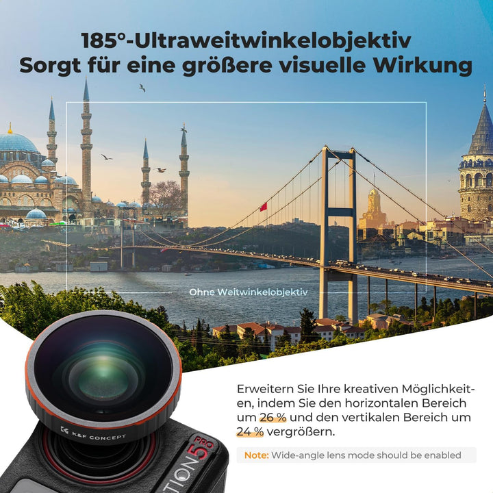 K&F CONCEPT Weitwinkelobjektivfilter Kompatibel mit DJI Osmo Action 5 Pro, Action 4 185° Ultraweitwi
