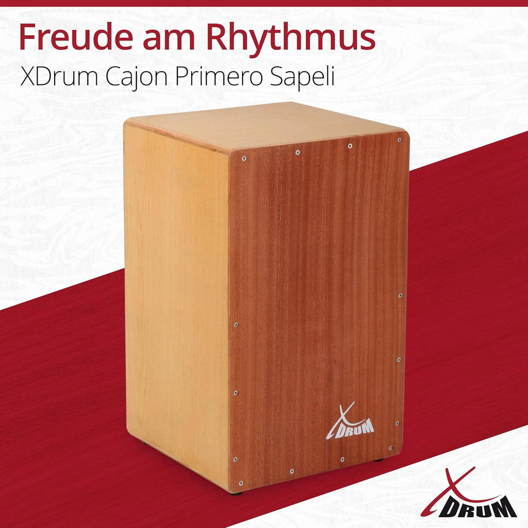 XDrum Cajon Primero Sapeli - Kistentrommel inkl. Rucksacktasche und Schule - Trommelkiste mit Snare
