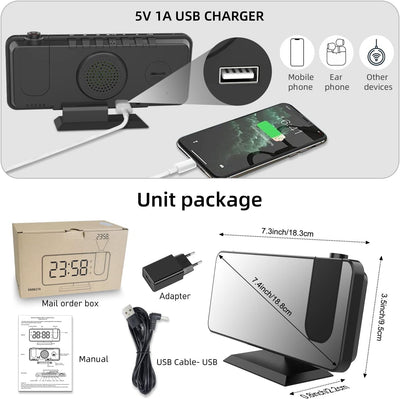 Exmate Projektionswecker, Digital Wecker mit Projektion, USB-Ladeanschluss, 7.5'' grosses Spiegel-LE