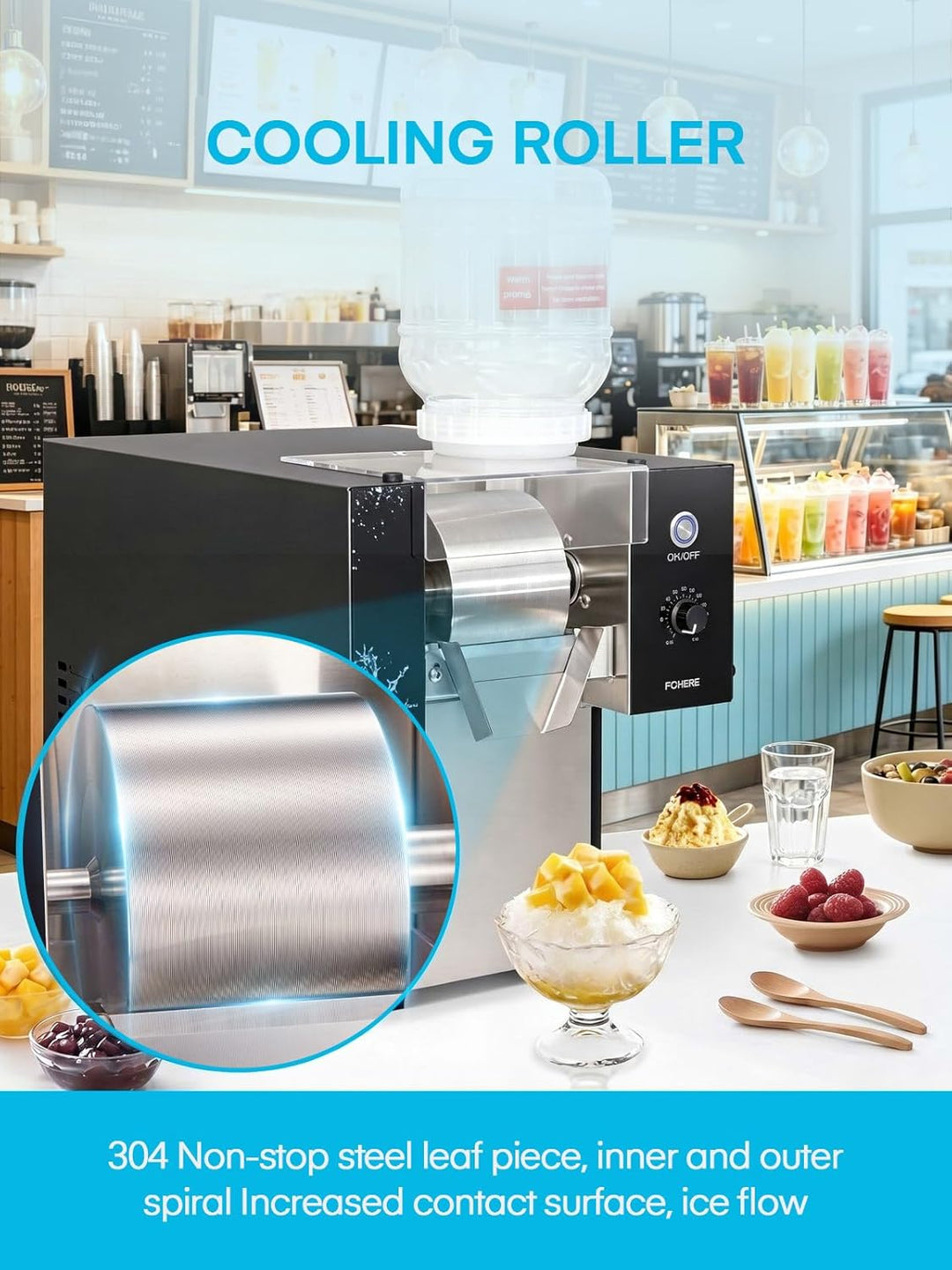 FOHERE Gewerbliche Schnee-Eismaschine 125kg/24h, Edelstahl Bingsu Maschine mit Selbstreinigungsfunkt