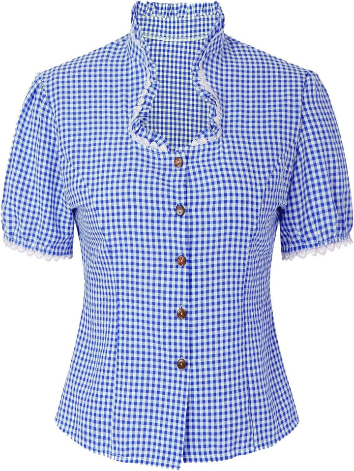 Trachtenbluse Damen Modern Karierte Bluse Oktoberfest Outfit Elegant Kurzarm Landhausmode Shirt Spit