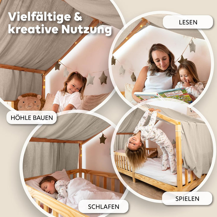 lilimaus Hausbett Himmel [Beige] - Betthimmel Hausbett aus 100% Baumwolle Musselin Handmade - Stoffh