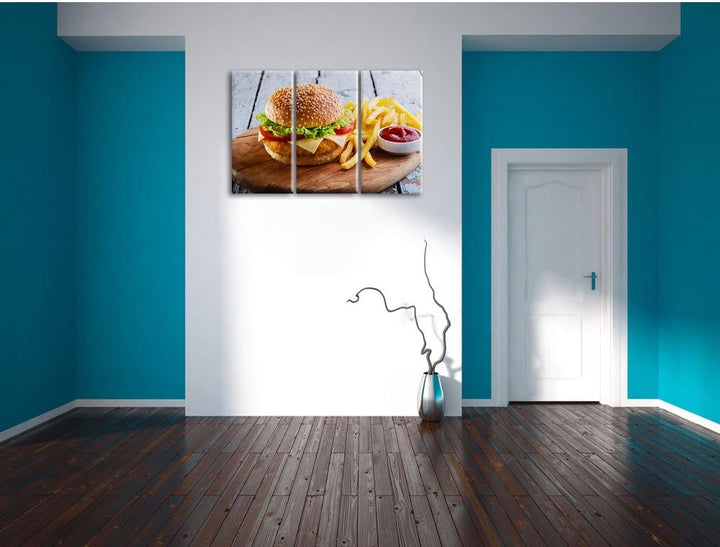 Pixxprint Chickenburger Pommes als Leinwandbild/Grösse: 3 Teilig (120x80 cm) cm/Wandbild/Kunstdruck/
