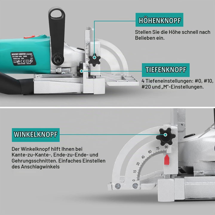Flachdübelfräse 900 W STANEW, STBJ1002 Winkel- &amp; höhenverstellbar,14 mm Frästiefe,11000 U/min, mit S