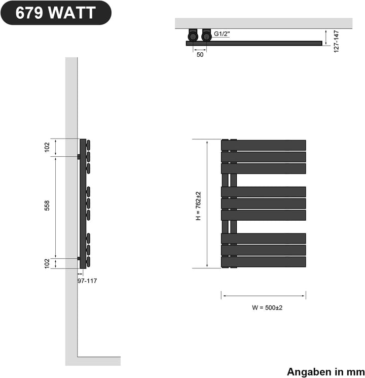 SONNI Badheizkörper Flach Handtuchtrockner 762 x 500 mm Anthrazit Handtuchwärmer Seitenanschluss Pan
