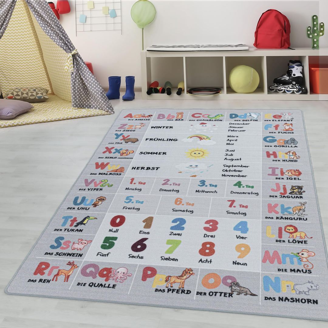Kinderteppiche für Kinder Alphabet Buchstaben Zahlen Tiere Spielteppich Waschbar Jungen &amp; Mädchen Te