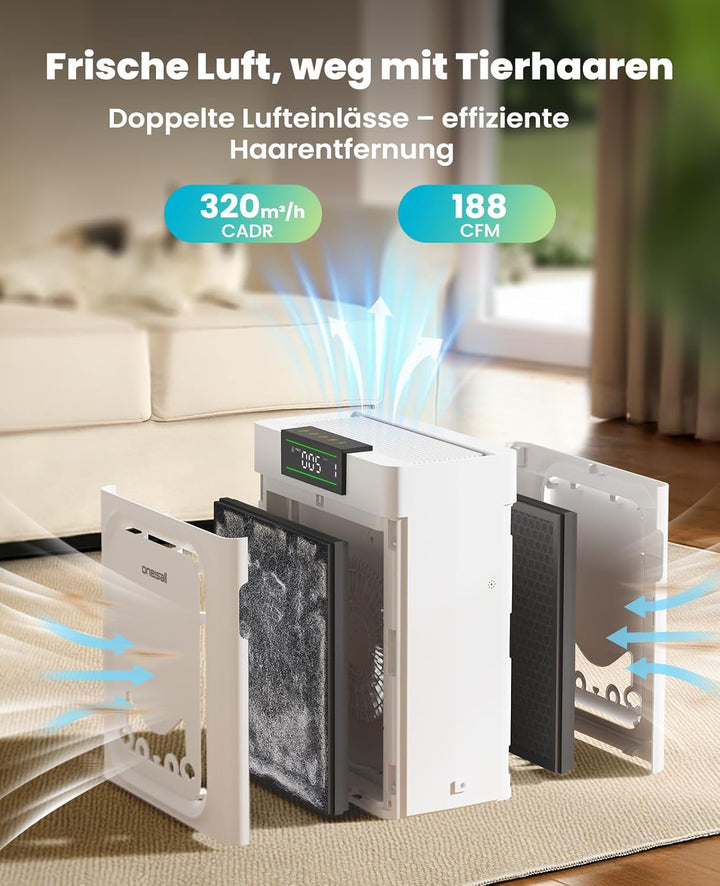 oneisall Luftreiniger mit Waschbare HEPA-Filter, CADR 320m³/h, 204m², 20dB Leise Air Purifier für Al