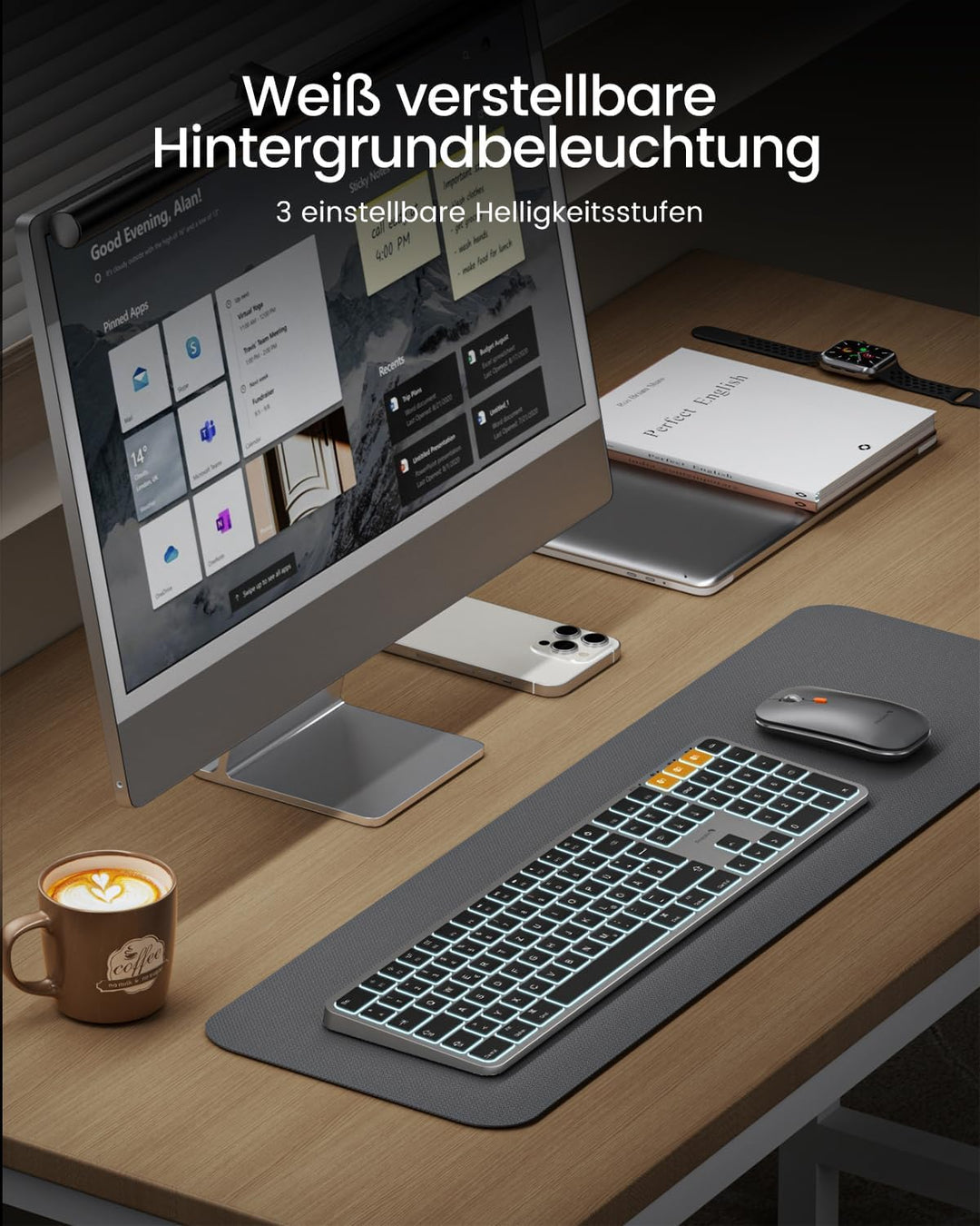 ProtoArc KM100-A Beleuchtet Tastatur Maus Set Kabellos für Mac, Bluetooth QWERTZ Funk Tastatur mit M