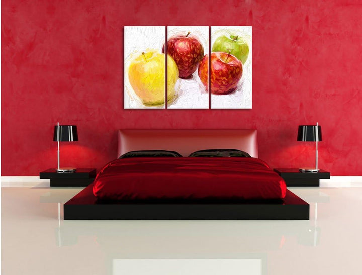 Pixxprint Äpfel / 3-Teilig/Gesamtmass 120cm Leinwandbild bespannt auf Holzrahmen/Wandbild Kunstdruck