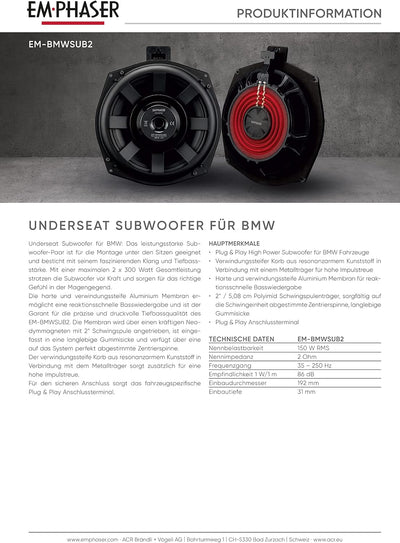 EMPHASER EM-BMWSUB2 – High Power 20 cm / 8 Zoll Auto Untersitz Subwoofer, kompatibel mit BMW Fahrzeu